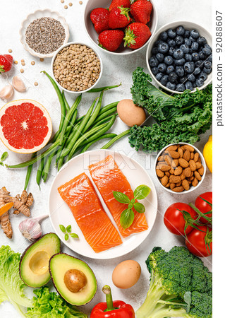 Healthy food. Healthy eating background. Salmon, fruit, vegetable and  berry. Superfood 92088607