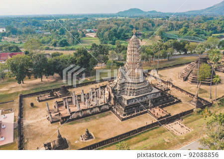 Aerial view of Wat Phra Sri Rattana Mahathat Rajaworaviharn temple and buddha in Si Satchanalai Aerial view of Wat Phra Sri Rattana Mahathat Rajaworaviharn temple and buddha in Si Satchanalai 92088856
