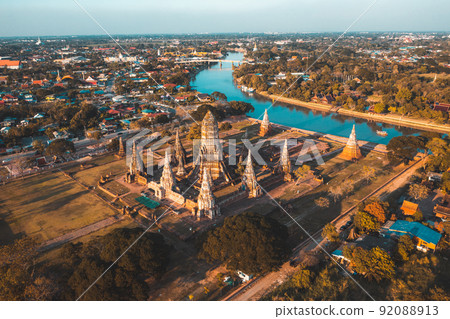 Aerial view of Wat Chaiwatthanaram, famous ruin temple near the Chao Phraya river in Ayutthaya Aerial view of Wat Chaiwatthanaram, famous ruin temple near the Chao Phraya river in Ayutthaya 92088913