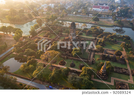 Aerial view of Wat Phra Ram ruin temple in Phra Nakhon Si Ayutthaya, Thailand 92089324