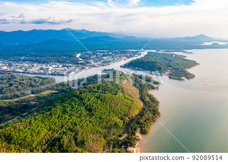 Aerial city view of Ranong and its estuary, Thailand Aerial city view of Ranong and its estuary, Thailand 92089514