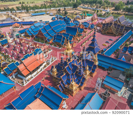 Aerial view of Wat Phiphat Mongkhon blue temple in Sukhothai, Thailand 92090071