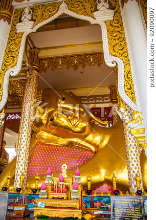 Wat Rat Prakhong Tham temple with reclining buddha in Nonthaburi, Thailand 92090097