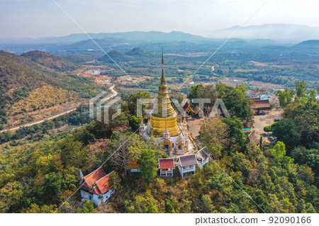 Aerial view of Wat Phra Phutthabat Tak Pha temple on top of the mountain in Lamphun, Thailand 92090166