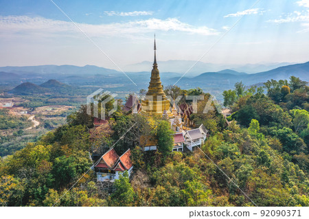 Aerial view of Wat Phra Phutthabat Tak Pha temple on top of the mountain in Lamphun, Thailand 92090371