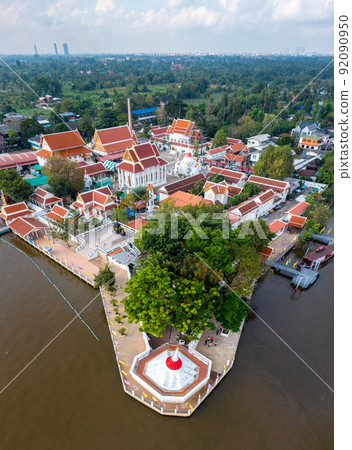 Aerial view of Wat Poramai Yikawat or wat Paramaiyikawat in Koh Kret, Nonthaburi, Thailand 92090950