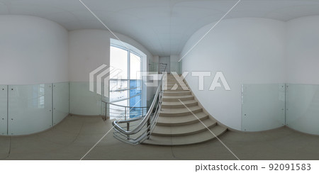 Seamless full spherical 360 degree panorama in equirectangular projection of stairway with white walls covered with glass panels Seamless full spherical 360 degree panorama in equirectangular projection of stairway with white walls covered with glass panels 92091583