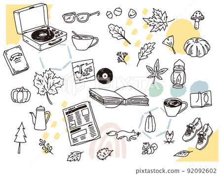 Black and white, monotone, line drawing illustrations: handwritten, fashionable, magazine, fashion, cute, autumn, Halloween, autumn leaves 92092602