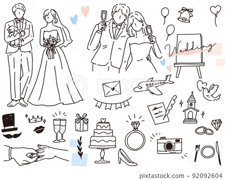 Black and white, monotone, line drawing illustrations (marriage, wedding, couple, couple, invitation, welcome board, ring) 92092604