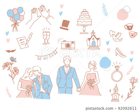 Black and white, monotone, line drawing illustrations (marriage, wedding, couple, couple, invitation, welcome board, ring) 92092611