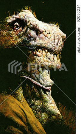Portrait of a creepy green dinosaur. Image of an ancient dinosaur. Dinosaur concept. Perfect for phone wallpaper or for posters. 92093234