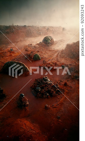 A fantastic Martian landscape in rusty orange colors. The surface of the desert planet Mars, rocks and sand. Alien unusual landscape of red Mars. Perfect for phone wallpaper or for posters. 92093243