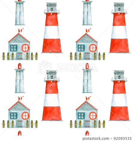 Seamless pattern of watercolor elements, lighthouses with red stripes, hand-painted in watercolor on a white background. Seamless pattern of watercolor elements, lighthouses with red stripes, hand-painted in watercolor on a white background. 92093535