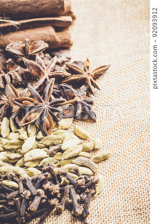 Various seasonings for cooking, Star Anise Cardamom, Clove, Cinnamon. Various seasonings for cooking, Star Anise Cardamom, Clove, Cinnamon. 92093912