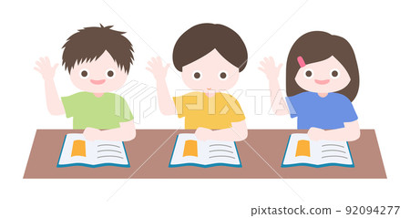 Cartoon cute little children reading book and raising their hands for questions in classroom. Child back to school series. Isolated on white background, flat design, vector, illustration, EPS10 92094277