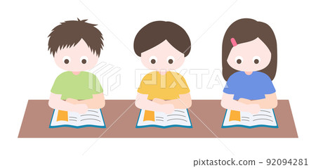 Cartoon cute little children set, focus on reading book in classroom. Child back to school series. Isolated on white background, vector, illustration, EPS10 92094281