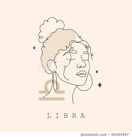 Libra zodiac sign. One line drawing. Astrological icon with abstract woman face. Mystery and esoteric outline logo. Horoscope symbol. Linear vector illustration in minimalist style 92094897