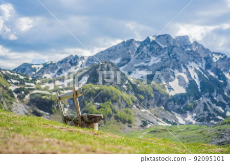 Mountain lake landscape on Durmitor mountain in Montenegro beautiful Durmitor National park with lake glacier and reflecting mountain 92095101