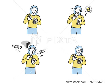 Savings, illustrations when saving money (savings, balance, payment, increase assets, money, side business, lack of money, waste, spending) 92095679