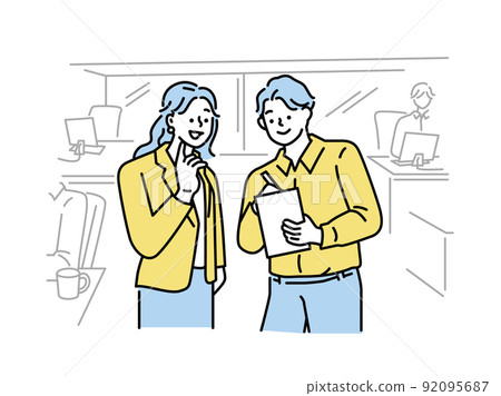 Business scene illustrations: presentations, meetings, explanations, marketing, meetings, talks, conversations 92095687