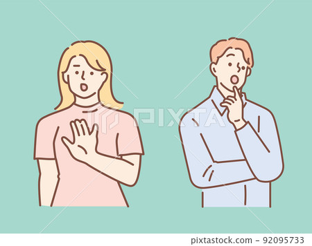 Illustrations of worried men, women representing stops (trouble, wait, think, problem, anxiety, investigate, ban, question, solution, note Illustrations of worried men, women representing stops (trouble, wait, think, problem, anxiety, investigate, ban, question, solution, note 92095733