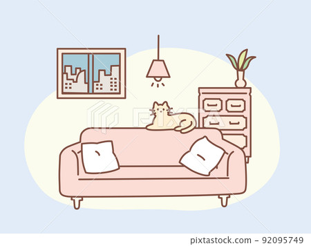 Illustration of the room (living alone, cat, woman, sofa, interior, space) 92095749
