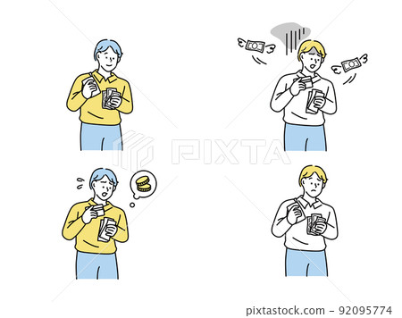 Savings, illustrations when saving money (savings, balance, payment, increase assets, money, side business, lack of money, waste, spending) 92095774