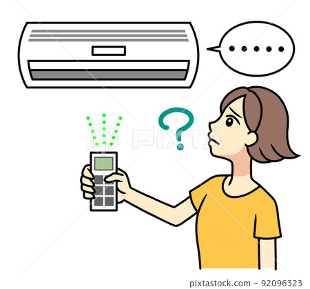 A young woman having trouble turning on the air conditioner A young woman having trouble turning on the air conditioner 92096323