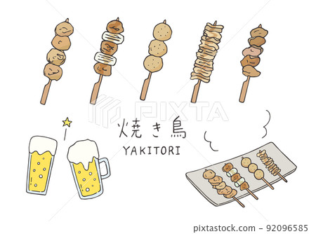 烤雞肉串和啤酒的手繪插圖集（彩色） 92096585