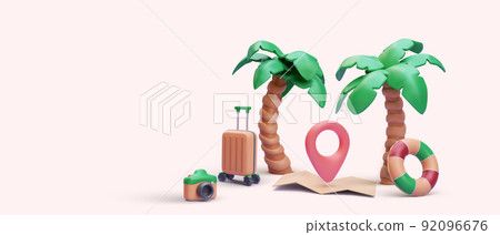 Marketing poster in 3d realistic style with palm tree, map, pointer, suitcase, camera, rubber ring. Vector illustration Marketing poster in 3d realistic style with palm tree, map, pointer, suitcase, camera, rubber ring. Vector illustration 92096676