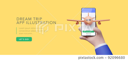 Marketing banner for a travel search application in 3d realistic style with a phone in hand from which a plane takes off. Vector illustration 92096680