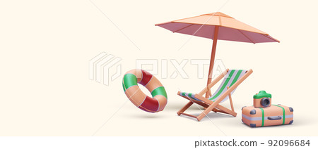 3d realistic render umbrella, beach chair, suitcase, camera, lifebuoy. Vector illustration 3d realistic render umbrella, beach chair, suitcase, camera, lifebuoy. Vector illustration 92096684