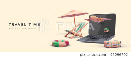 Concept banner for tourism agency in 3d realistic style with laptop, airplane, suitcase, umbrella, beach chair and camera. Vector illustration Concept banner for tourism agency in 3d realistic style with laptop, airplane, suitcase, umbrella, beach chair and camera. Vector illustration 92096702