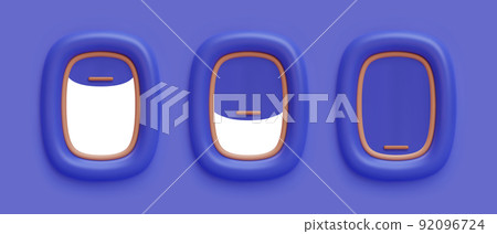Set of 3d realistic blu aircraft windows with curtains in different positions and blank copy space inside. Vector illustration 92096724