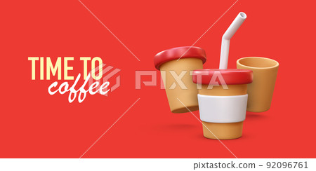 Time to coffee banner with three 3d realistic coffee cups isolated on red background. Vector illustration 92096761
