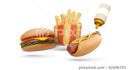 3d realistic fresh tasty burger, hotdog and french fries isolated on white background. Vector illustration 92096785