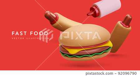 3d realistic hot dogs and hamburger isolated on red background. Vector illustration 3d realistic hot dogs and hamburger isolated on red background. Vector illustration 92096790