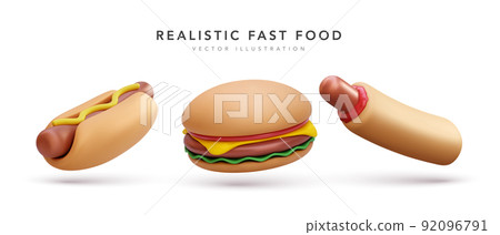 Set of realistic 3d flying burger and hotdogs isolated on white background. Vector illustration Set of realistic 3d flying burger and hotdogs isolated on white background. Vector illustration 92096791