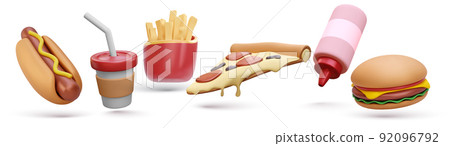 Set of 3d realistic render fast food elements icon set. Pizza slice, burger, french fries, coffee cup, hot dog, ketchup bottle isolated on white background. Vector illustration Set of 3d realistic render fast food elements icon set. Pizza slice, burger, french fries, coffee cup, hot dog, ketchup bottle isolated on white background. Vector illustration 92096792