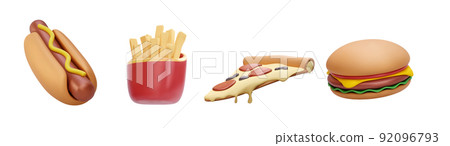 Set of 3d realistic render fast food elements icon set. Pizza slice, burger, french fries, hot dog isolated on white background. Vector illustration Set of 3d realistic render fast food elements icon set. Pizza slice, burger, french fries, hot dog isolated on white background. Vector illustration 92096793