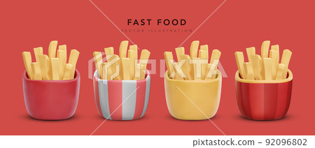 Set of 3d realistic render fries potatoes in package isolated on red background. Vector illustration 92096802