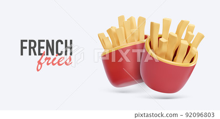 Fast food banner with 3d realistic render fries potato on white background. Vector illustration 92096803