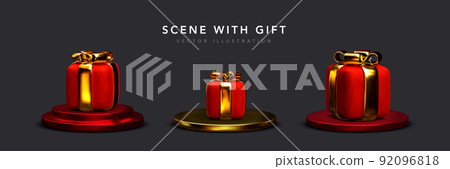 Collection of 3d realistic red gift on podium isolated on dark background. Vector illustration 92096818