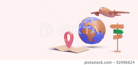 Tourism and travel concept in 3d realistic style with planet, map, road sign, airplane. Vector illustration Tourism and travel concept in 3d realistic style with planet, map, road sign, airplane. Vector illustration 92096824