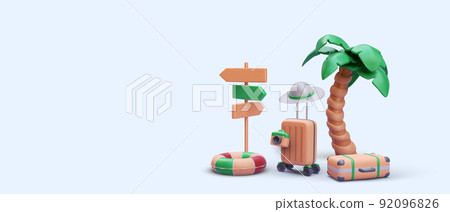 Banner for tourism in 3d realistic style with palm, suitcase, camera, pointer, rubber ring. Vector illustration Banner for tourism in 3d realistic style with palm, suitcase, camera, pointer, rubber ring. Vector illustration 92096826