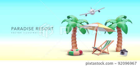 Paradise resort concept banner in 3d realistic style with palms, umbrella, chair, camera, plane on summer background. Vector illustration Paradise resort concept banner in 3d realistic style with palms, umbrella, chair, camera, plane on summer background. Vector illustration 92096967