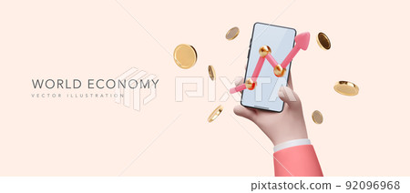World economy banner in 3d realistic style with phone in hand and empty screen and statistic arrow and flying coins. Vector illustration World economy banner in 3d realistic style with phone in hand and empty screen and statistic arrow and flying coins. Vector illustration 92096968