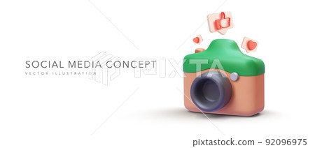 Social media content banner in 3d realistic style with camera and social icons. Vector illustration 92096975