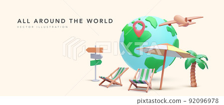All around the world concept poster in 3d realistic style with planet, pointer, airplane, palm tree, beach chair, road sign, umbrella. Vector illustration 92096978