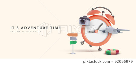 Adventure time concept poster in 3d realistic style with clock, camera, airplane, road sign, lifebuoy. Vector illustration 92096979